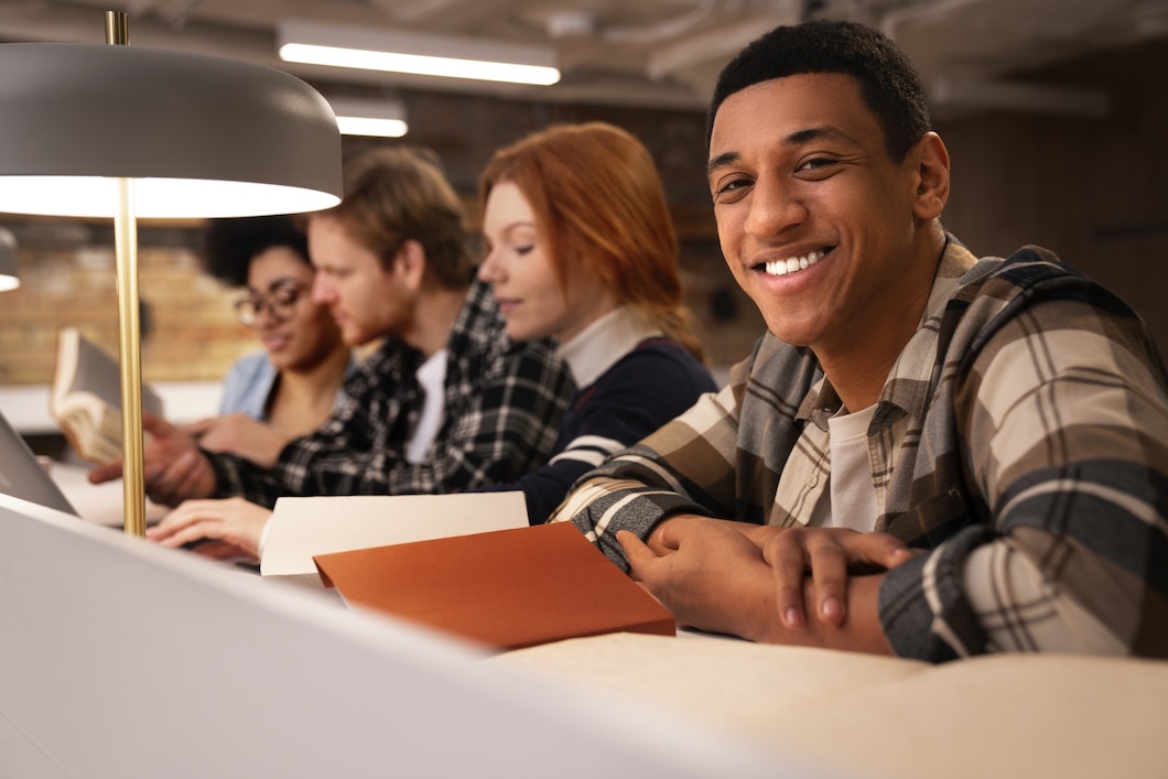 Estudantes com livros e materiais de estudo reunidos em uma biblioteca