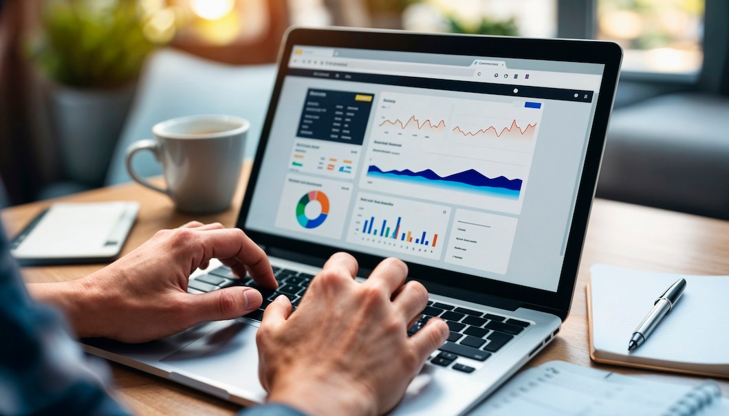Pessoa analisando gráficos e indicadores em um computador portátil